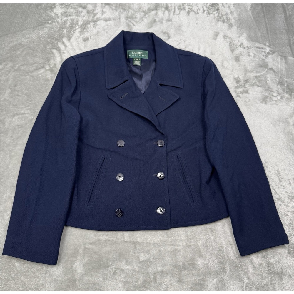 Lauren Ralph Lauren Cropped Pea Coat Womens Navy Wool Blazer Jacket Vintage Y2K